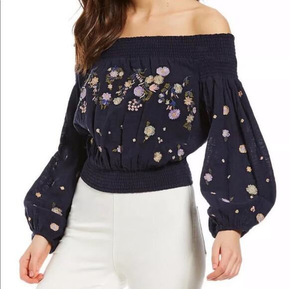 Free People Saachi Smocked Embroidered Off-the-Shoulder Top - Picture 1 of 4